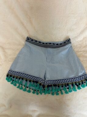 The Impeccable Pig Light Blue & White Striped Tassel-Trim Shorts
